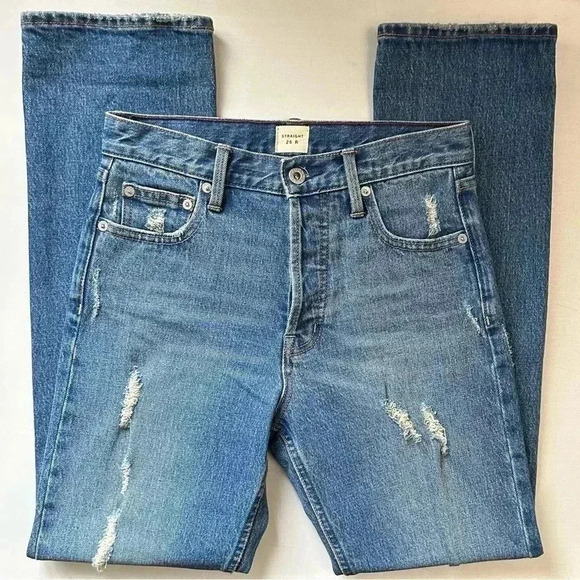 GAP Cone Denim  High Waisted Straight Leg Jeans Distressed Blue Size 25 - Picture 15 of 15